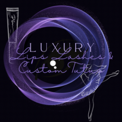 Logo for 'Luxury Lips Lashes & Custom Tutu' with a purple swirl design on a black background.